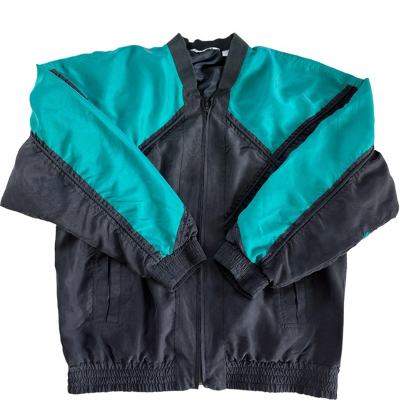Genelli Vintage Men's/Women's Full Zip Bomber Jacket 100% Silk Black/Blue Size M - Picture 1 of 10